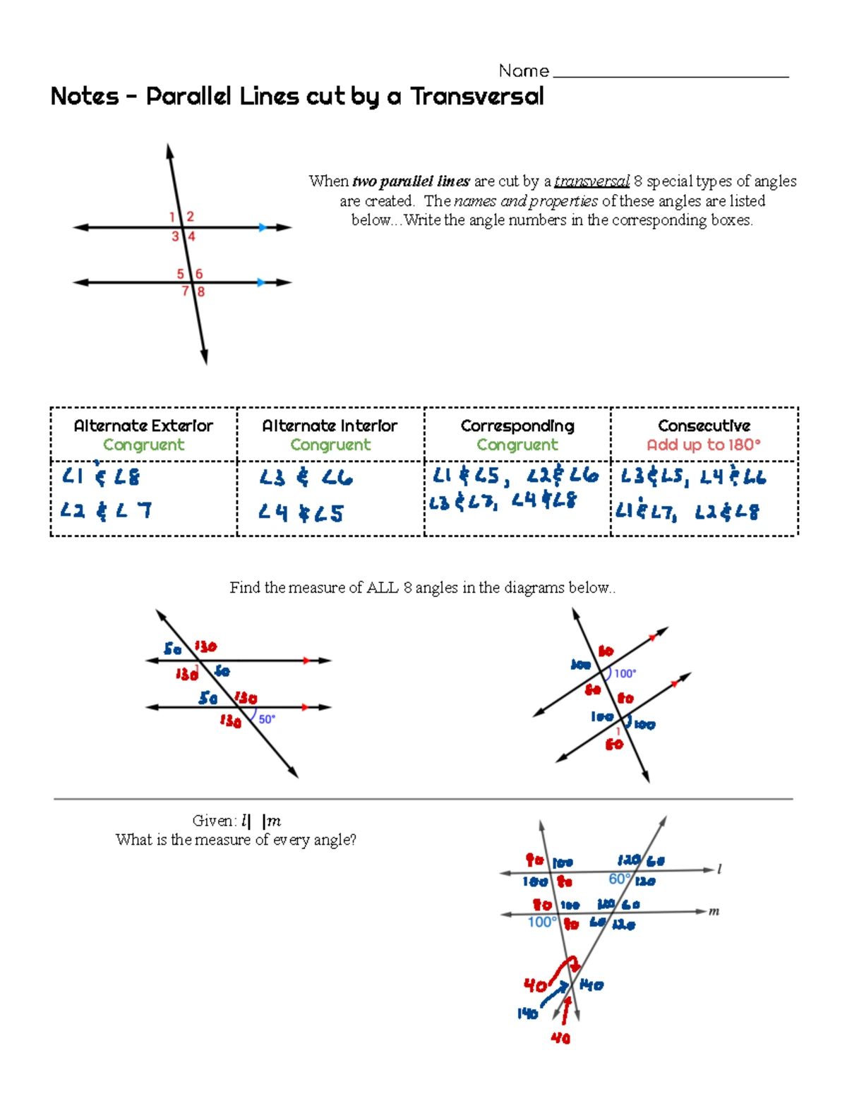 Parallel Lines cut by a Transversal - Notes - Parallel Lines cut a ...