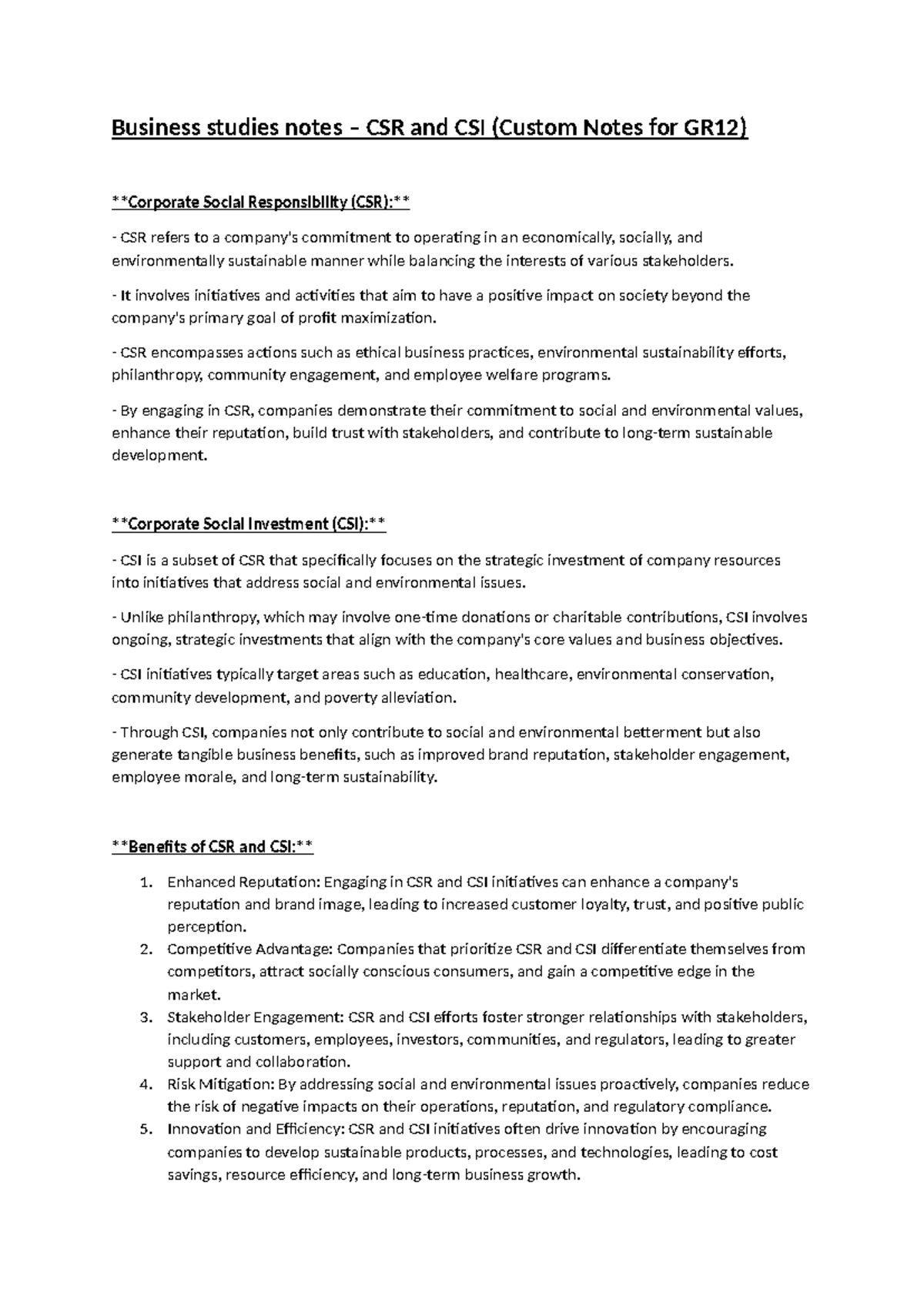 Business Studies Notes - Understanding CSR & CSI for GR12 - Studocu