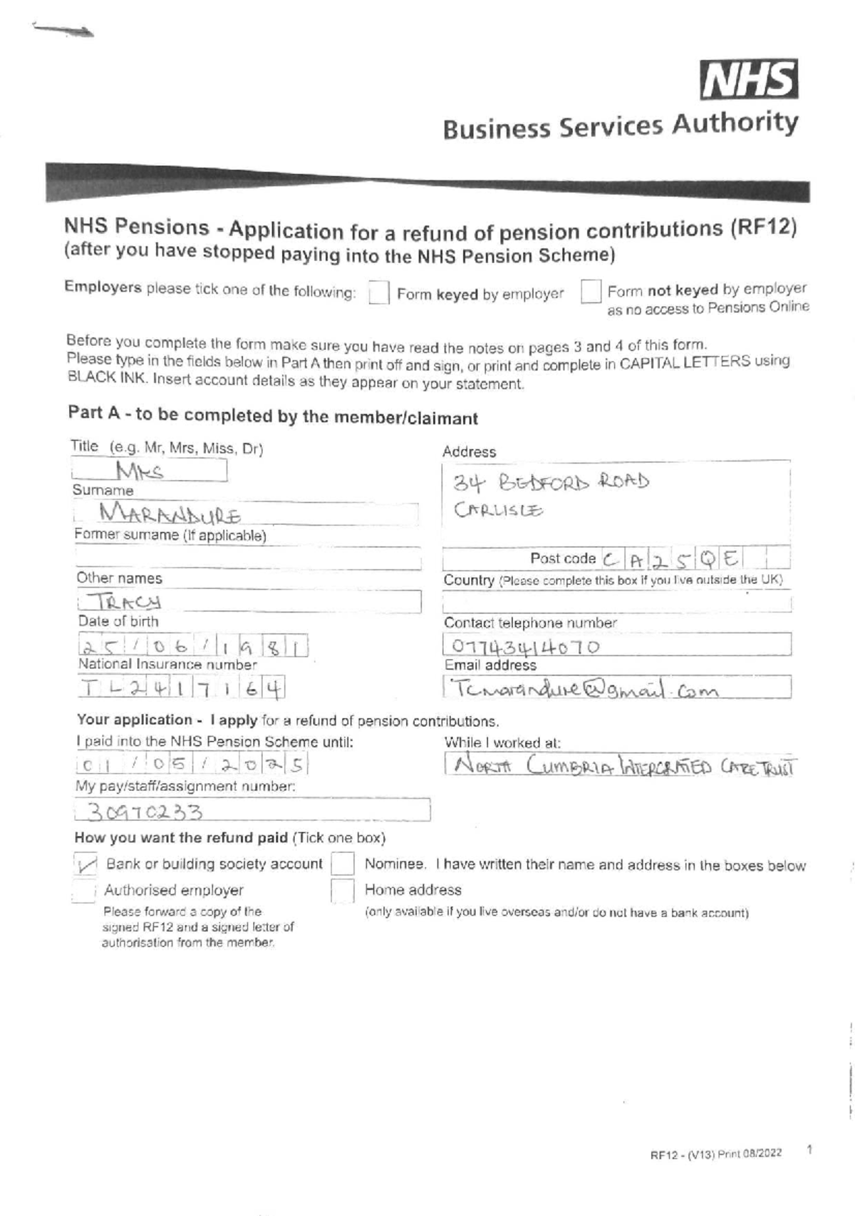 NHS Pensions Refund Application Form (RF12) Instructions - Studocu