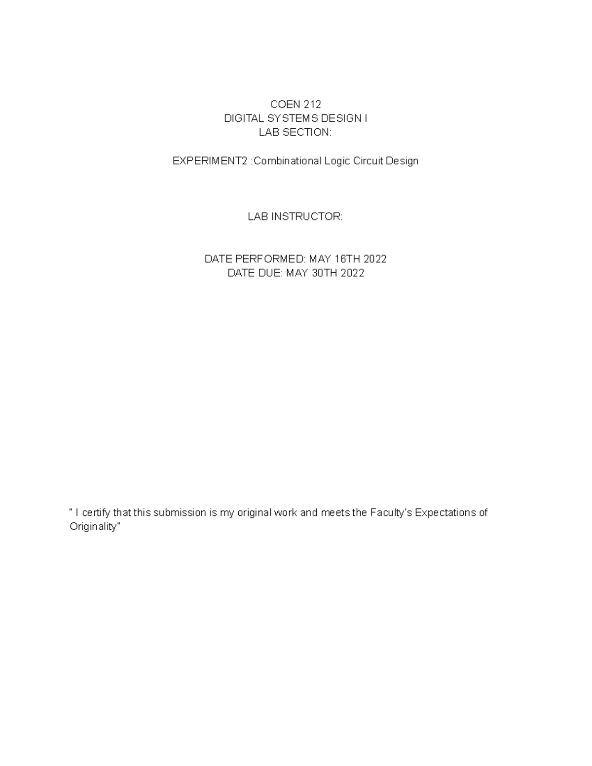 LAB 3 COEN 212 - LAB 3 COEN 212 - COEN 212 DIGITAL SYSTEMS DESIGN I LAB ...