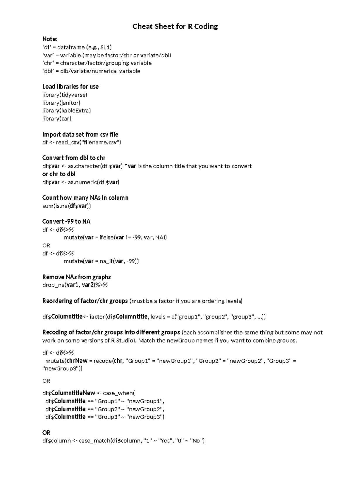 R code cheat sheet 2024 - Note: ‘df’ = dataframe (e., SL1) ‘var ...