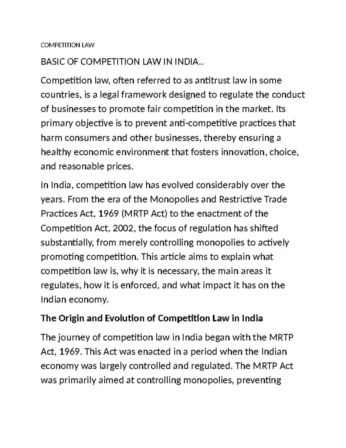 COMP 101: Basics of Competition Law in India - An Overview - Studocu