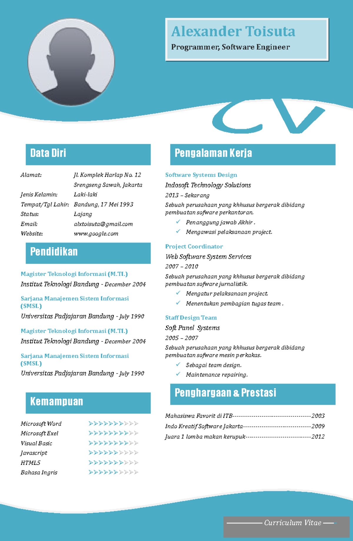 CV Contoh Alexander Toisuta - Programmer, Software Engineer - Studocu