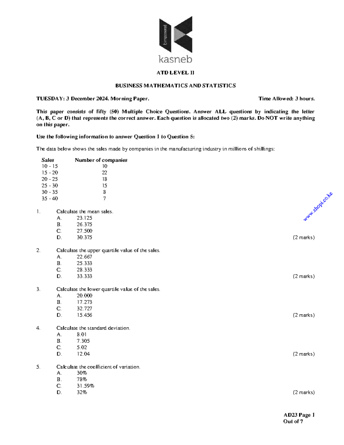 ATD LEVEL II BUSINESS MATHEMATICS & STATISTICS PAST PAPERS - Studocu