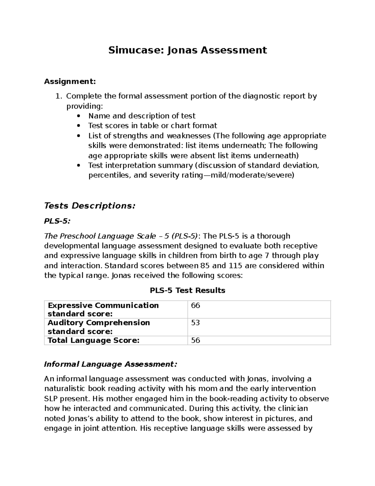 Jonas Simucase Assessment: Language Evaluation & Goals - Studocu