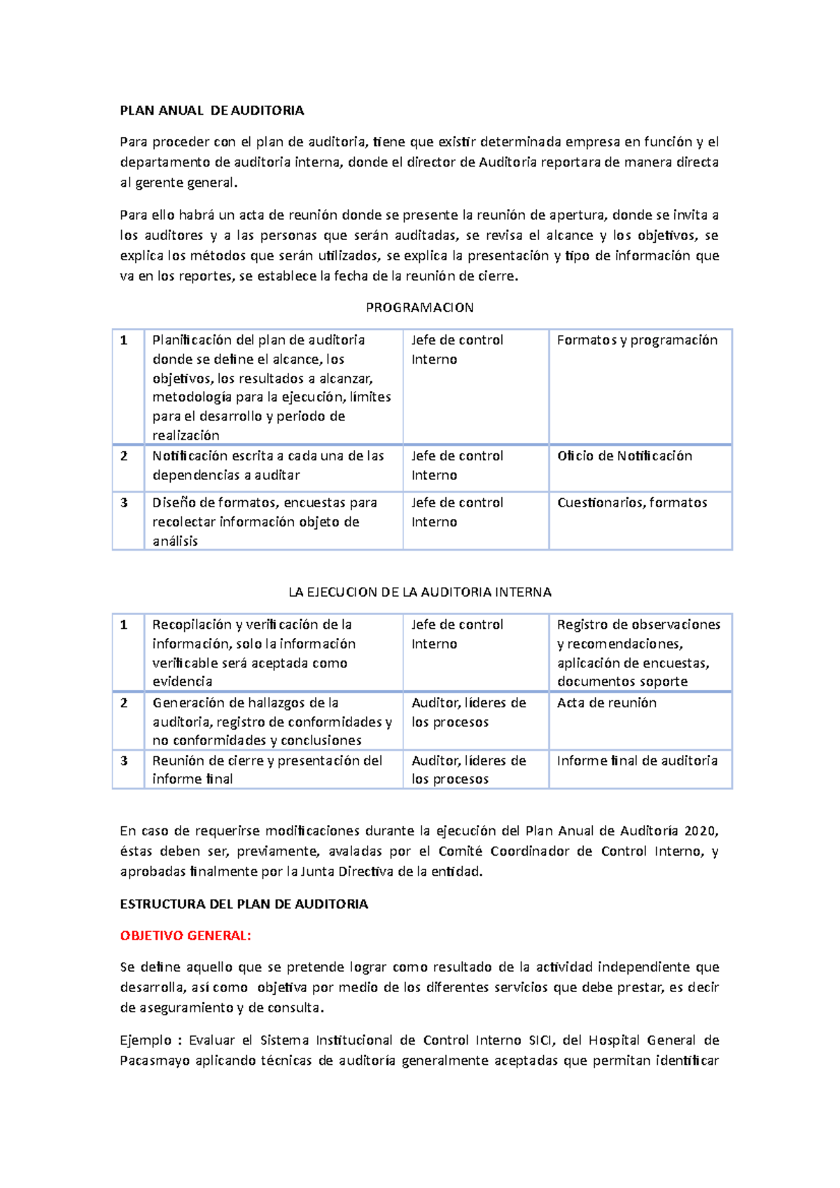 Estructura del Plan Anual de Auditoría 2020 y Metodologías ...