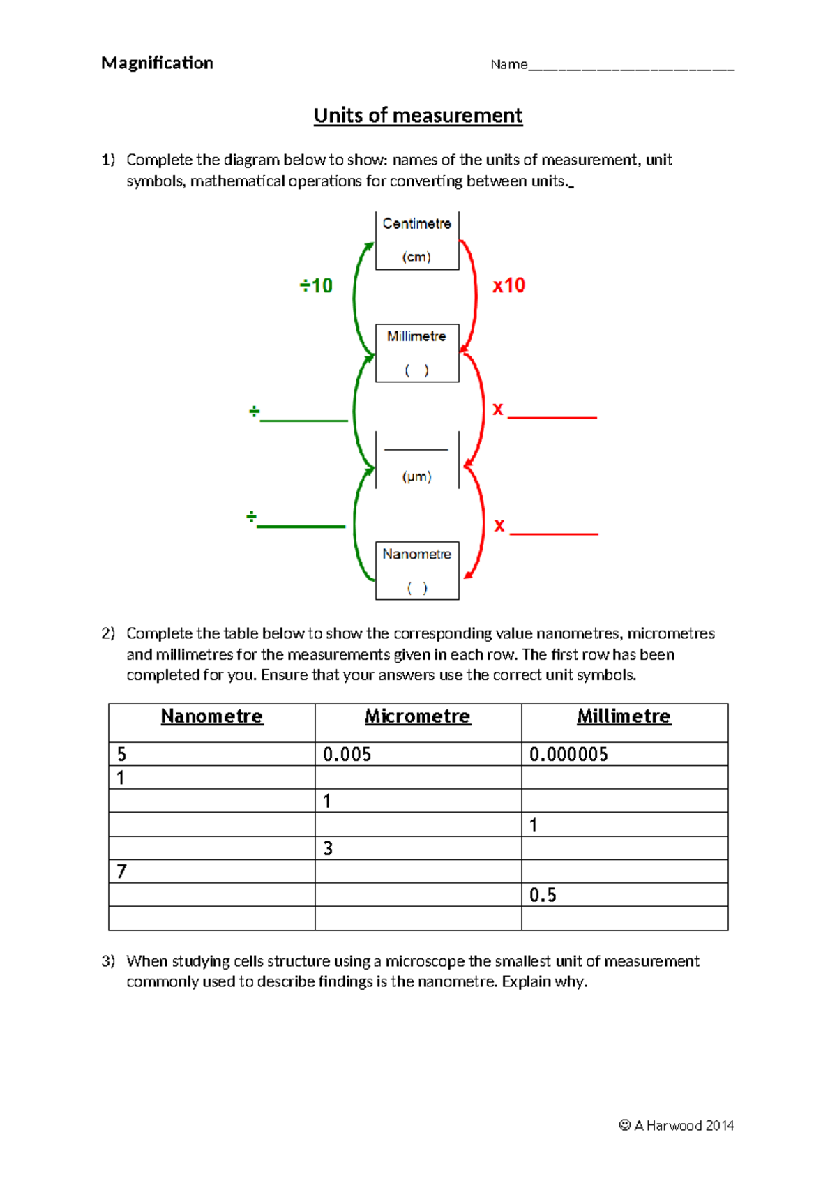 Magnification Workbook for Biology 101: Units & Calculations - Studocu