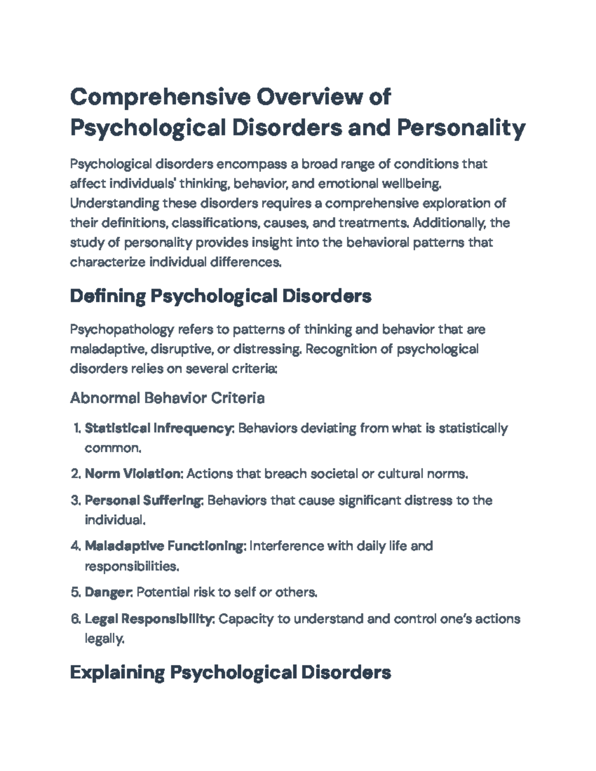 Comprehensive Analysis of Psychological Disorders & Personality (PSY101 ...