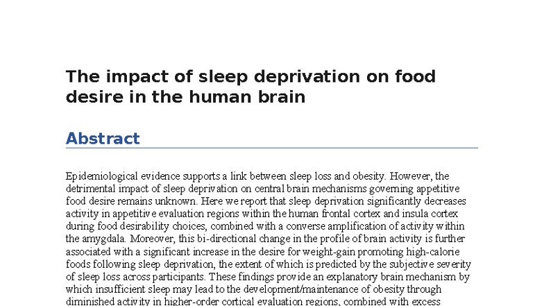 The Impact of Sleep Deprivation on Food Desire: A Study (PSY 101) - Studocu