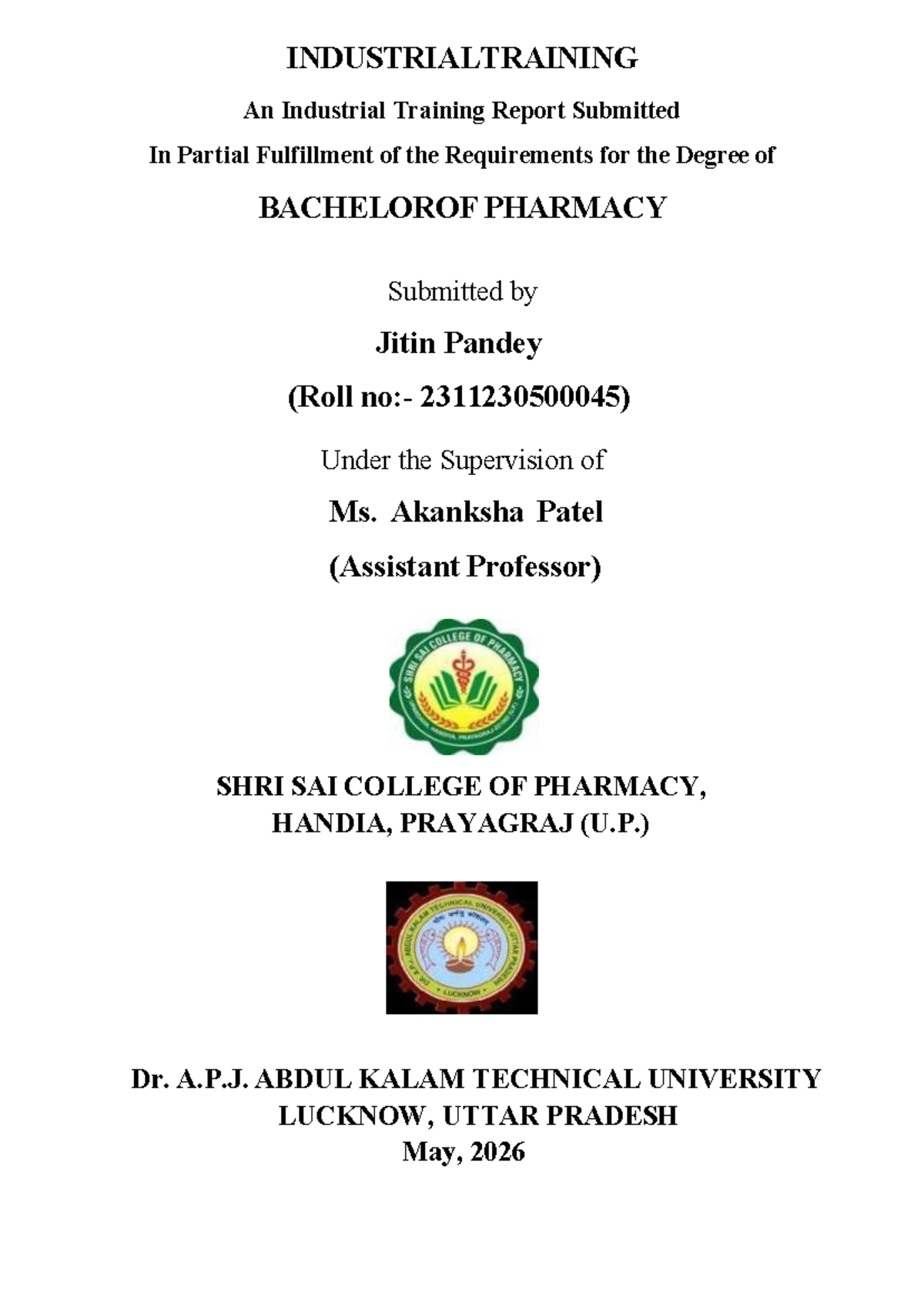 Industrial Training Report: B. Pharm at Ultra Drugs Pvt. Ltd. - Document Preview