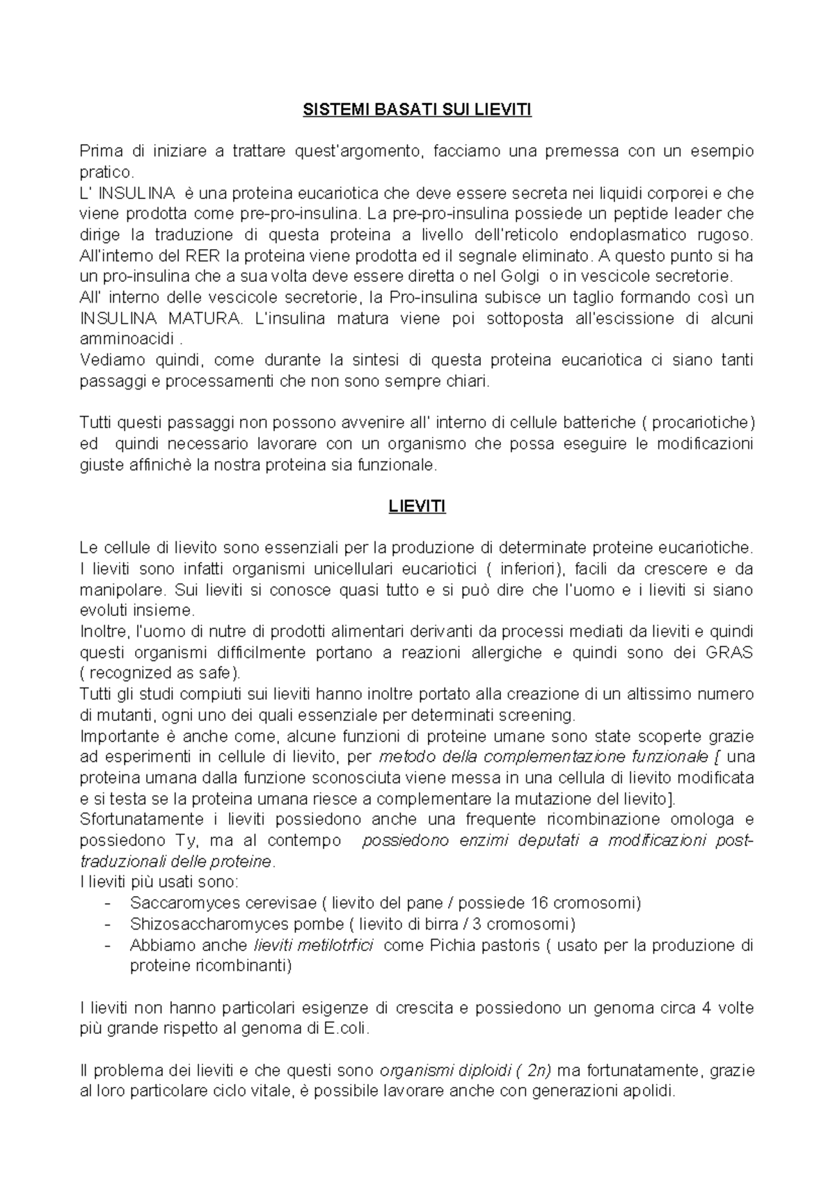SISTEMI BASATI SUI LIEVITI: Approfondimenti e Applicazioni - Studocu