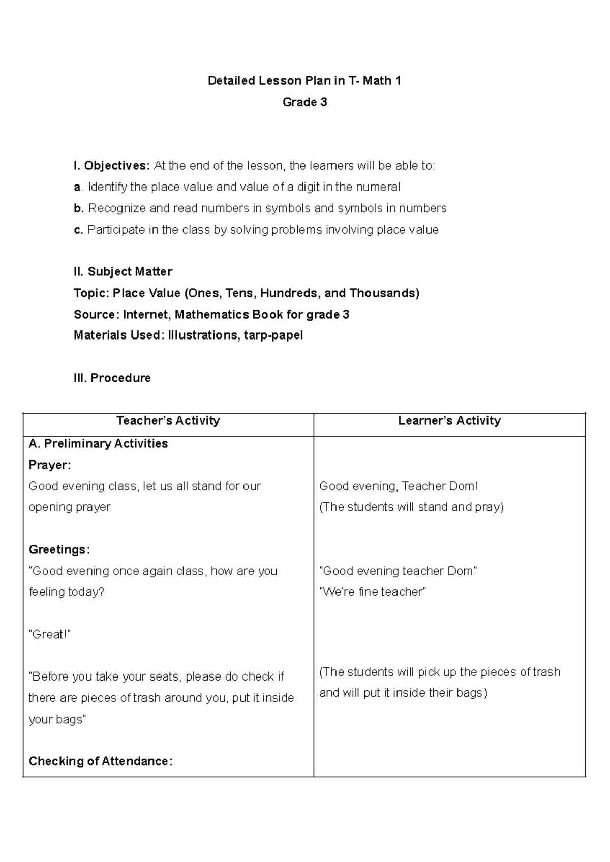 Detailed Lesson Plan in T-Math 1: Understanding Place Value for Grade 3