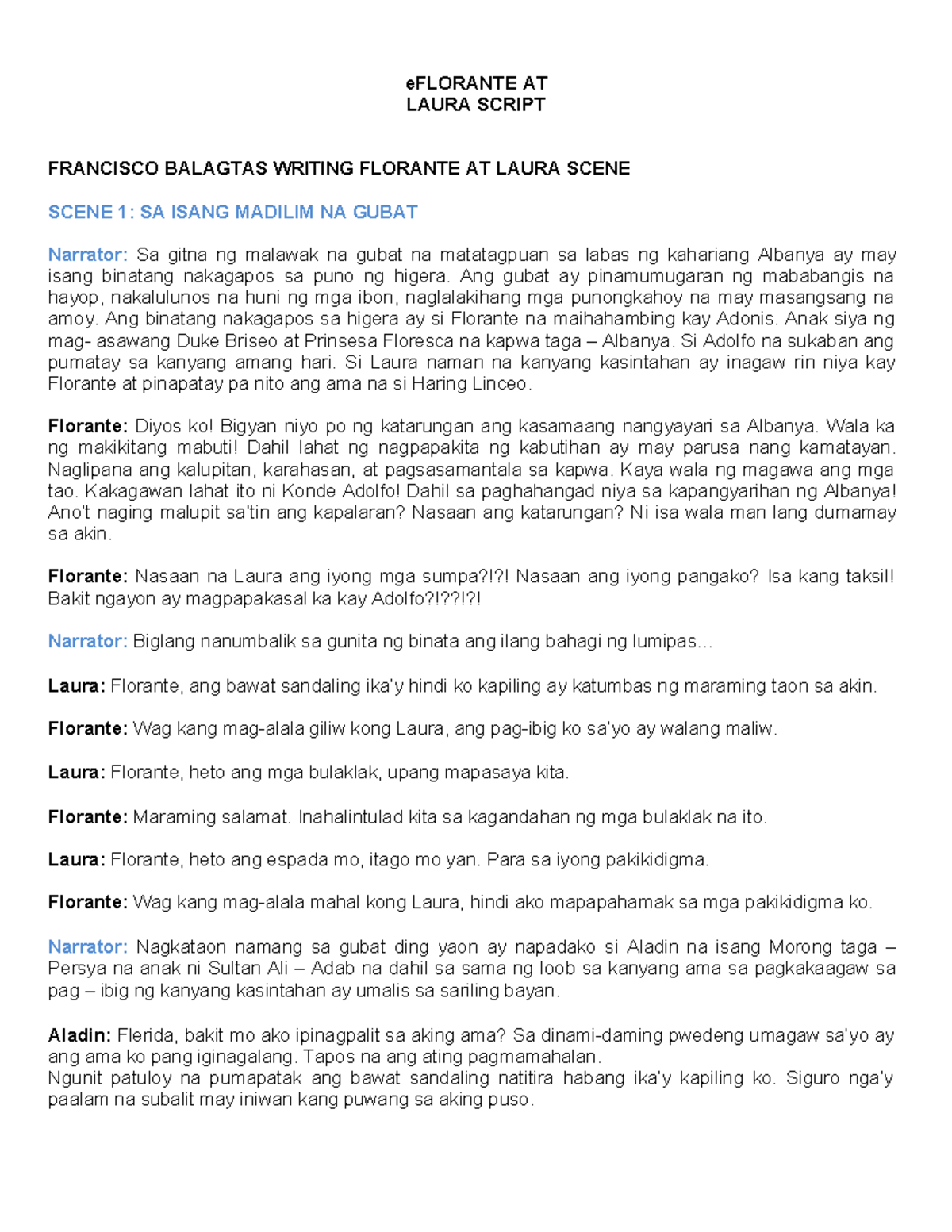 Florante at Laura: Script ng Dula (FLOR-101) - Studocu