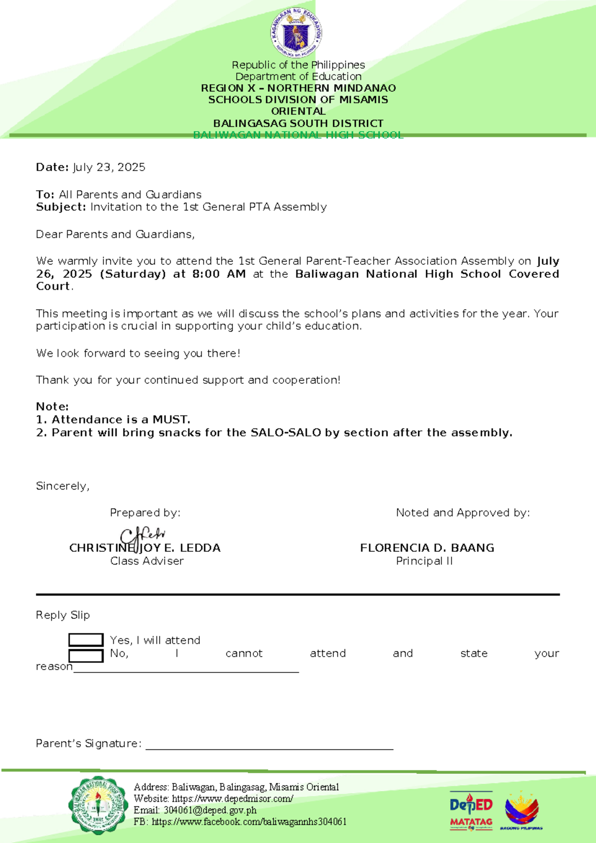 Invitation to 1st General PTA Assembly - Baliwagan NHS - Studocu