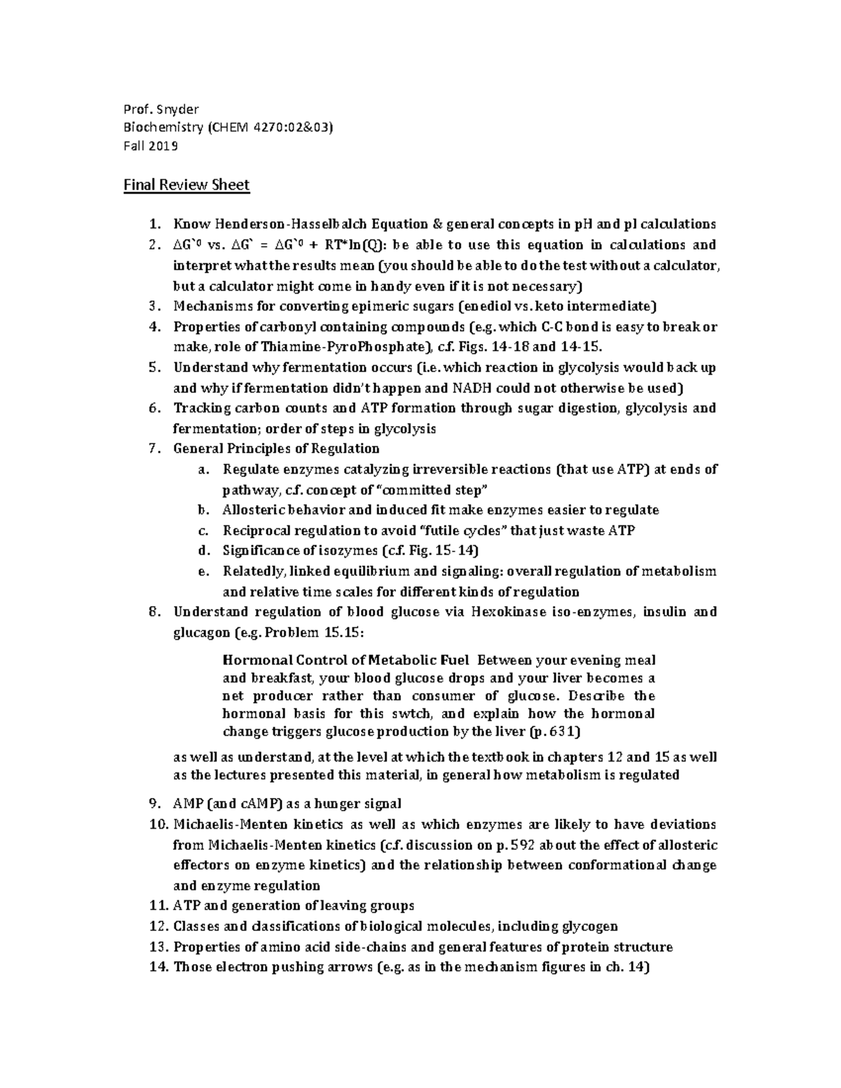 CHEM 4270 Final Review Sheet for Biochemistry Exam Prep - Studocu