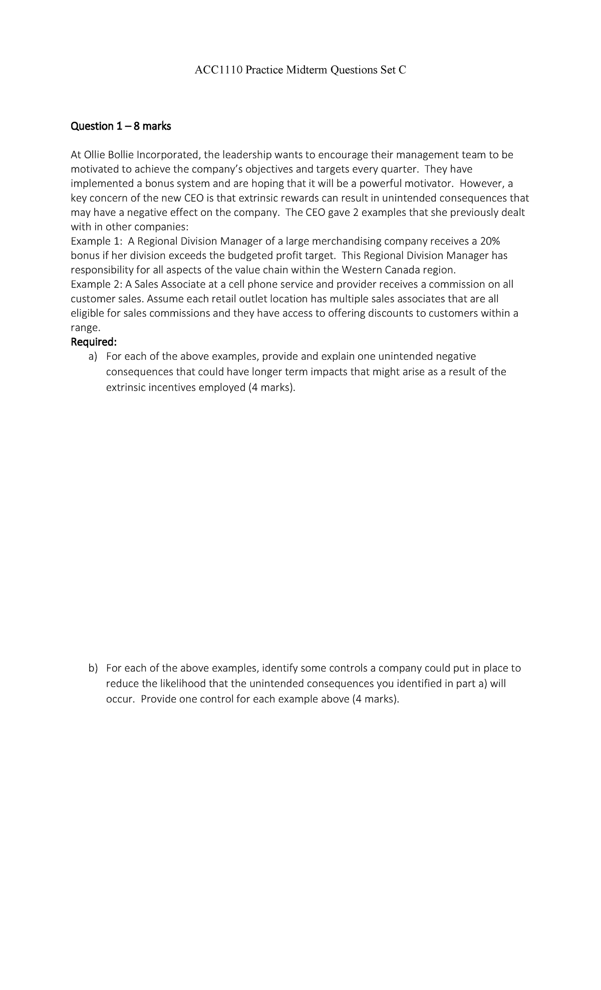 Practice Midterm Questions Set C: Management & Cost Analysis - Studocu