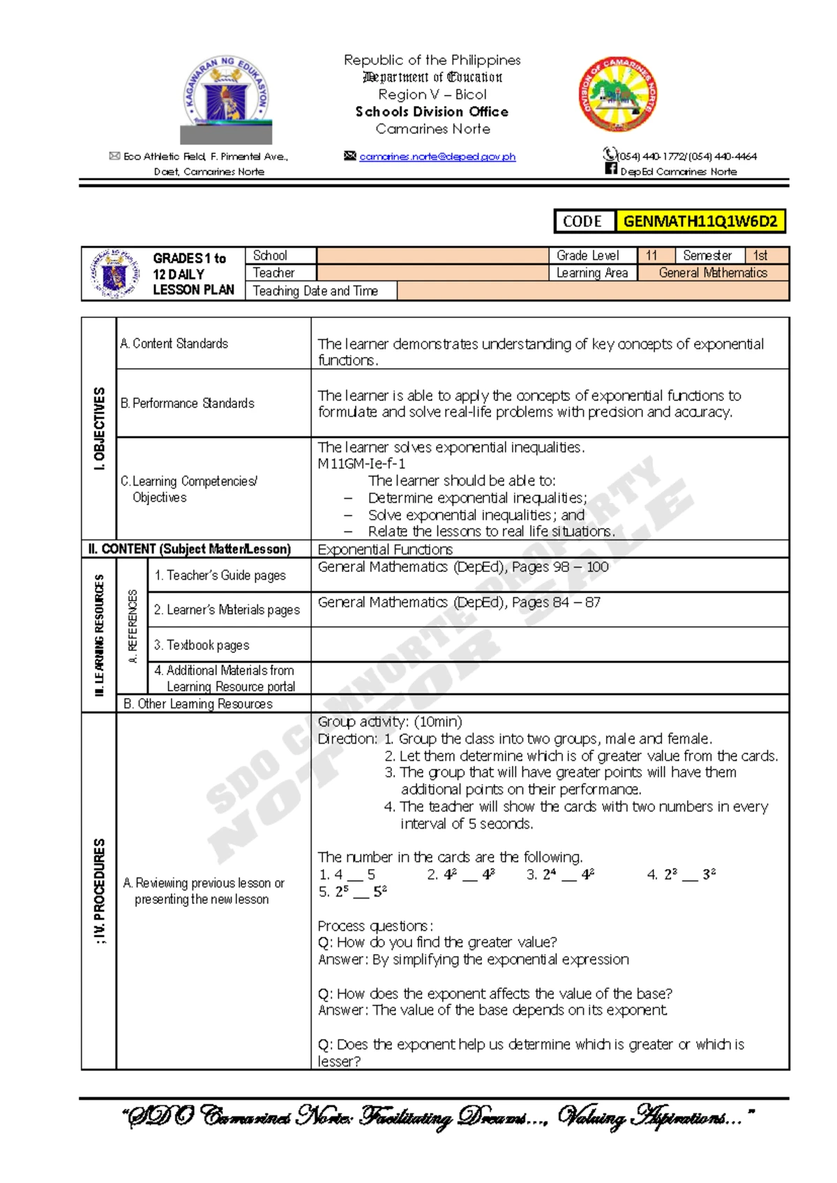 MATH11Q1W3D1 - Lesson Plan on Rational Functions and Their Graphs - Studocu