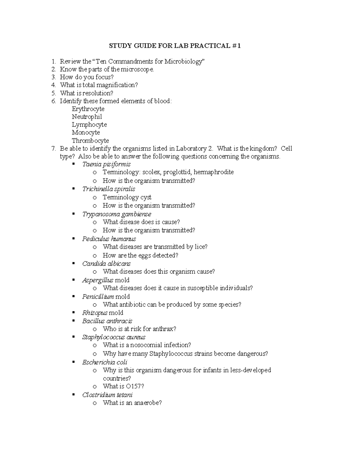Study Guide for Lab Practical 1 - BIOL 201 & 211 - Studocu