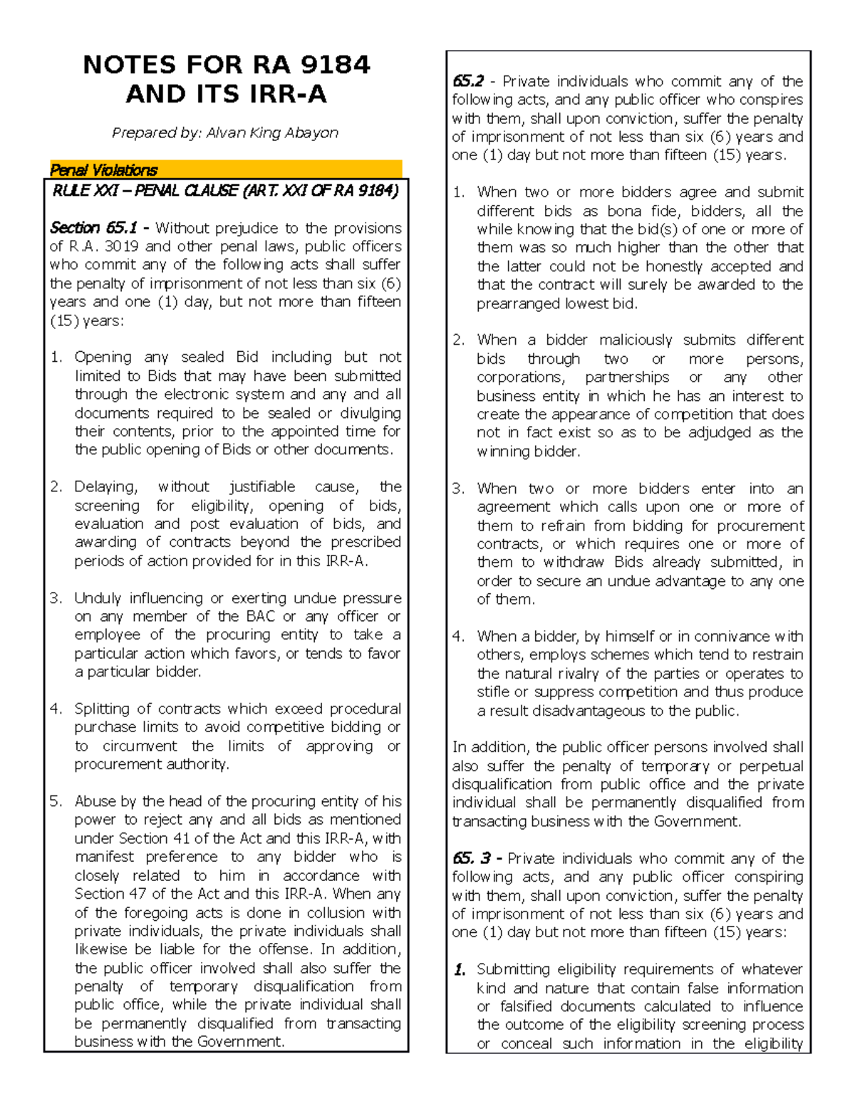 RA 9184 & IRR-A: Comprehensive Notes on Penal, Civil, and Admin ...