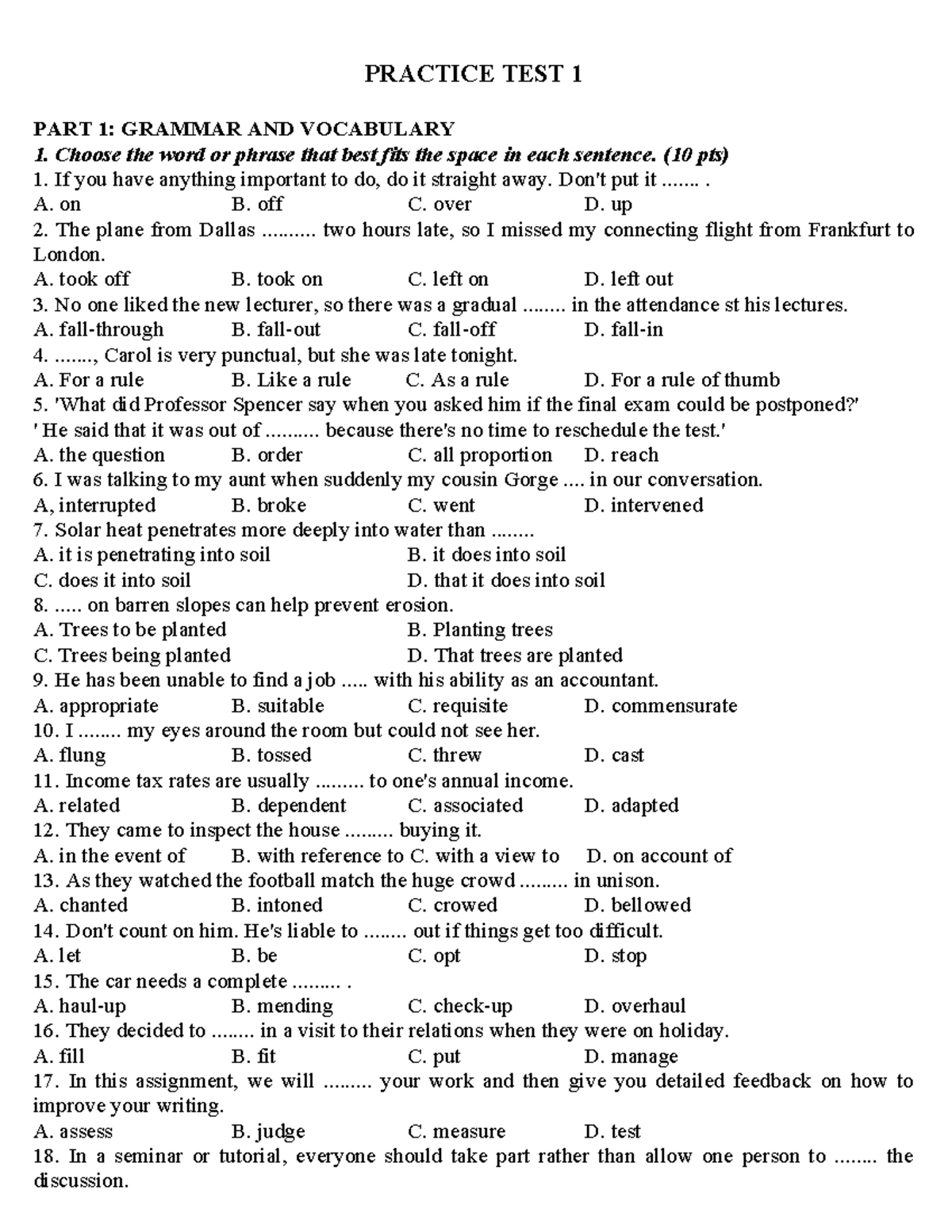 PRACTICE TEST 1: GRAMMAR AND VOCABULARY ANSWER KEY - Studocu