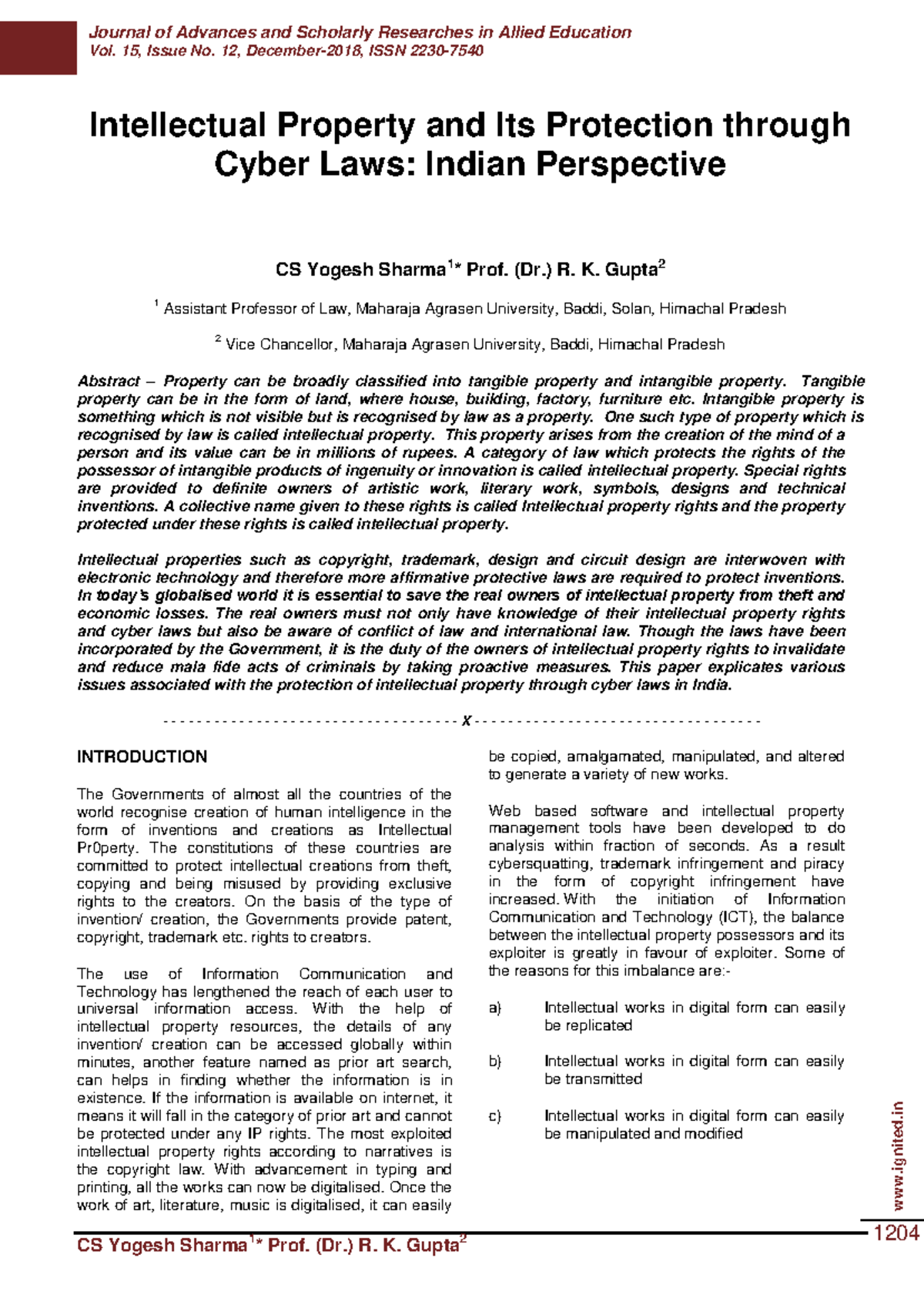 Intellectual Property Protection through Cyber Laws: An Indian ...