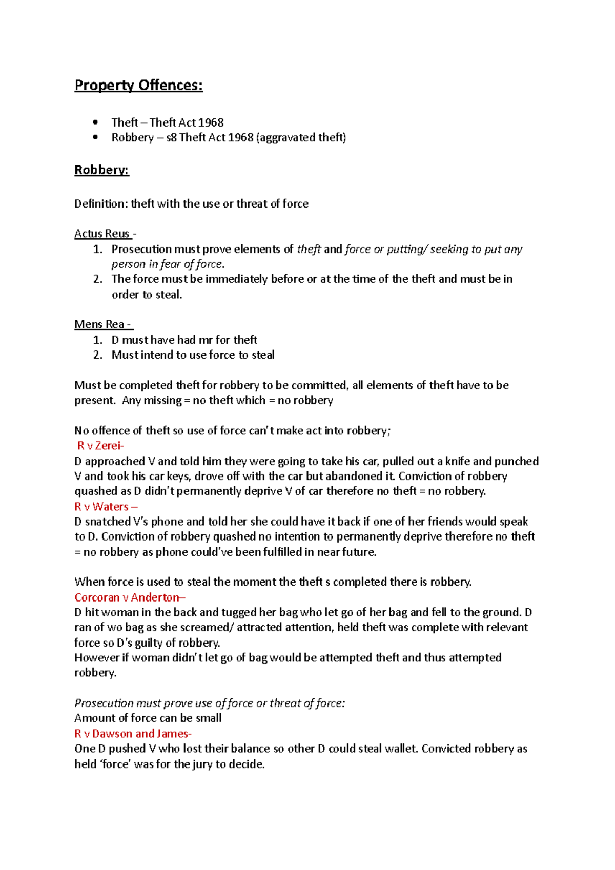 Robbery Lecture Notes 1 - Key Concepts and Case Law Analysis - Studocu