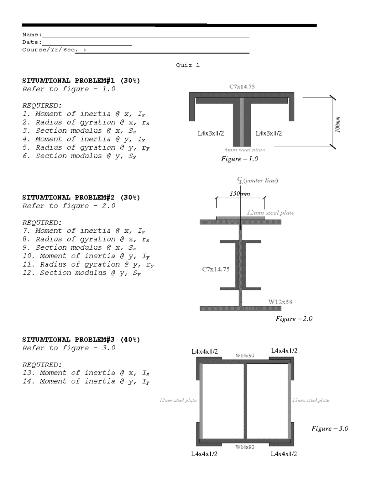 Quiz 1: Section Properties and Moment of Inertia Analysis - Studocu