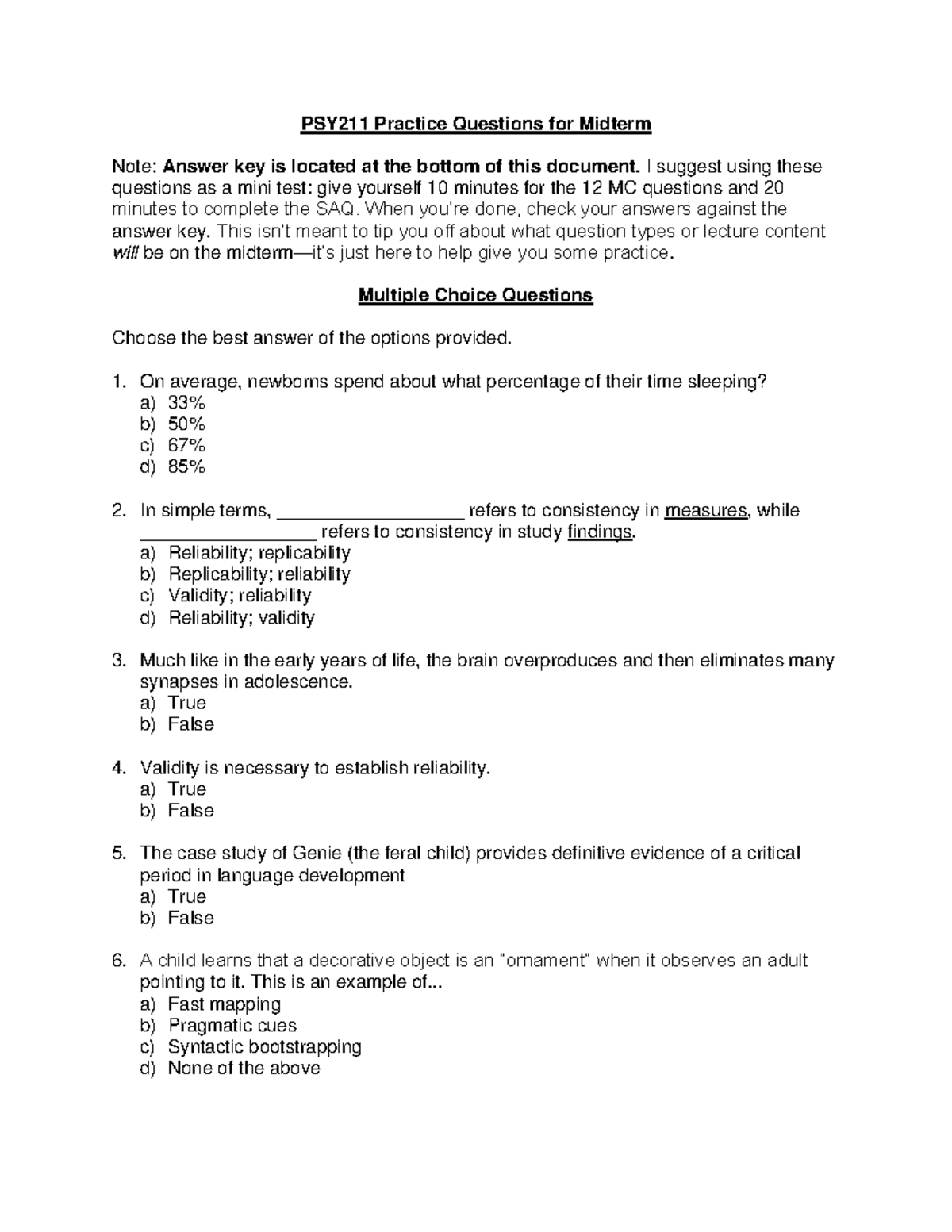 PSY 211 Midterm Sample Questions & Answer Key for Practice - Studocu