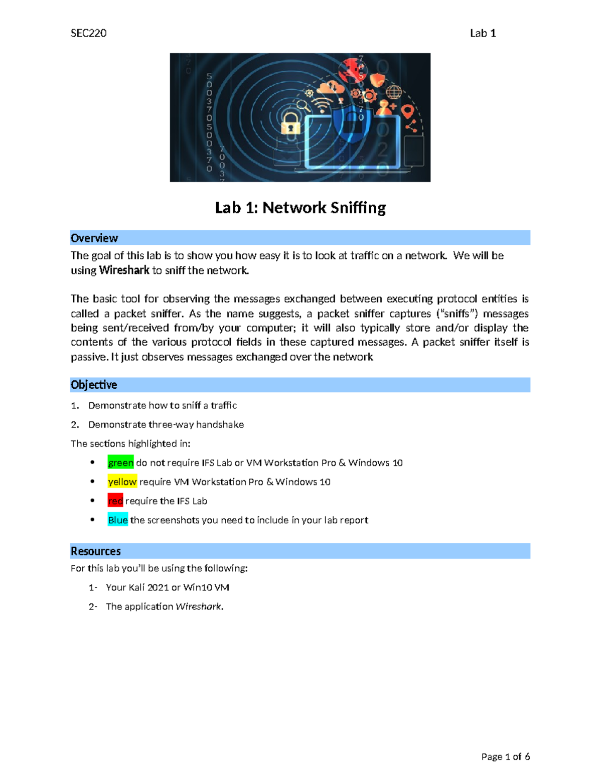 SEC220 Lab 1: Network Sniffing with Wireshark Overview - Studocu