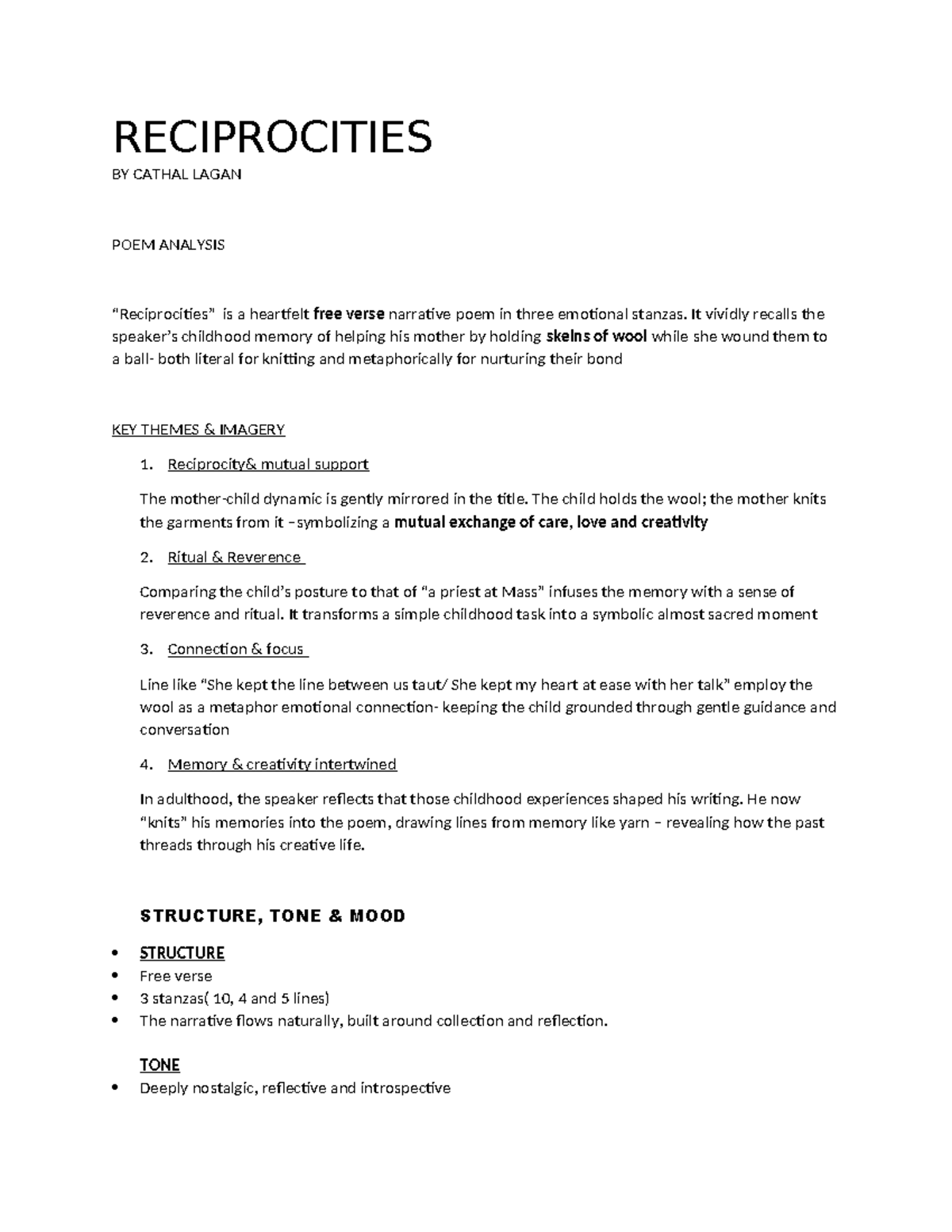 RECIPROCITIES (POETRY) - CATHAL LAGAN POEM ANALYSIS NOTES - Studocu