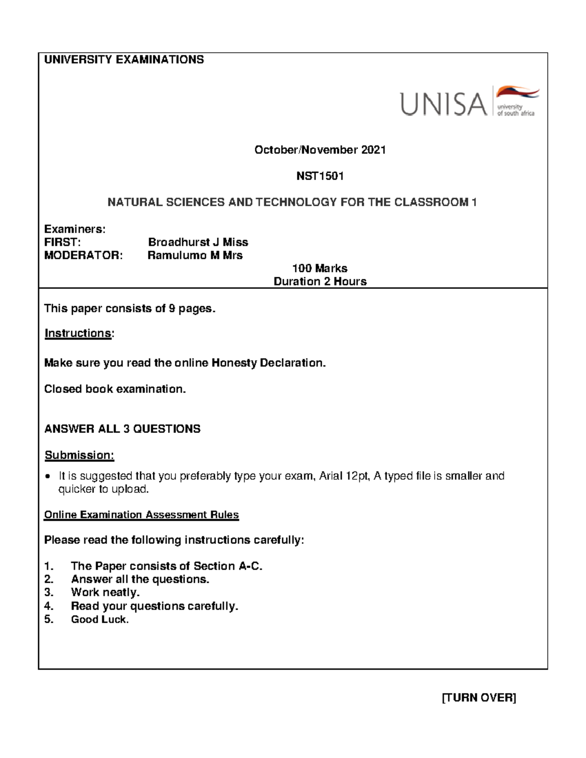 NST1501 Oct/Nov 2021 Final Exam on Natural Sciences and Technology ...