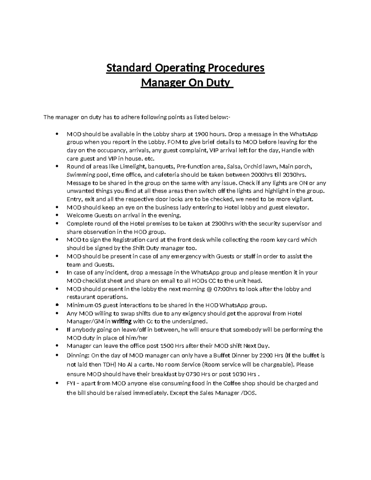 SOP-MOD: Standard Operating Procedures for Manager on Duty - Studocu