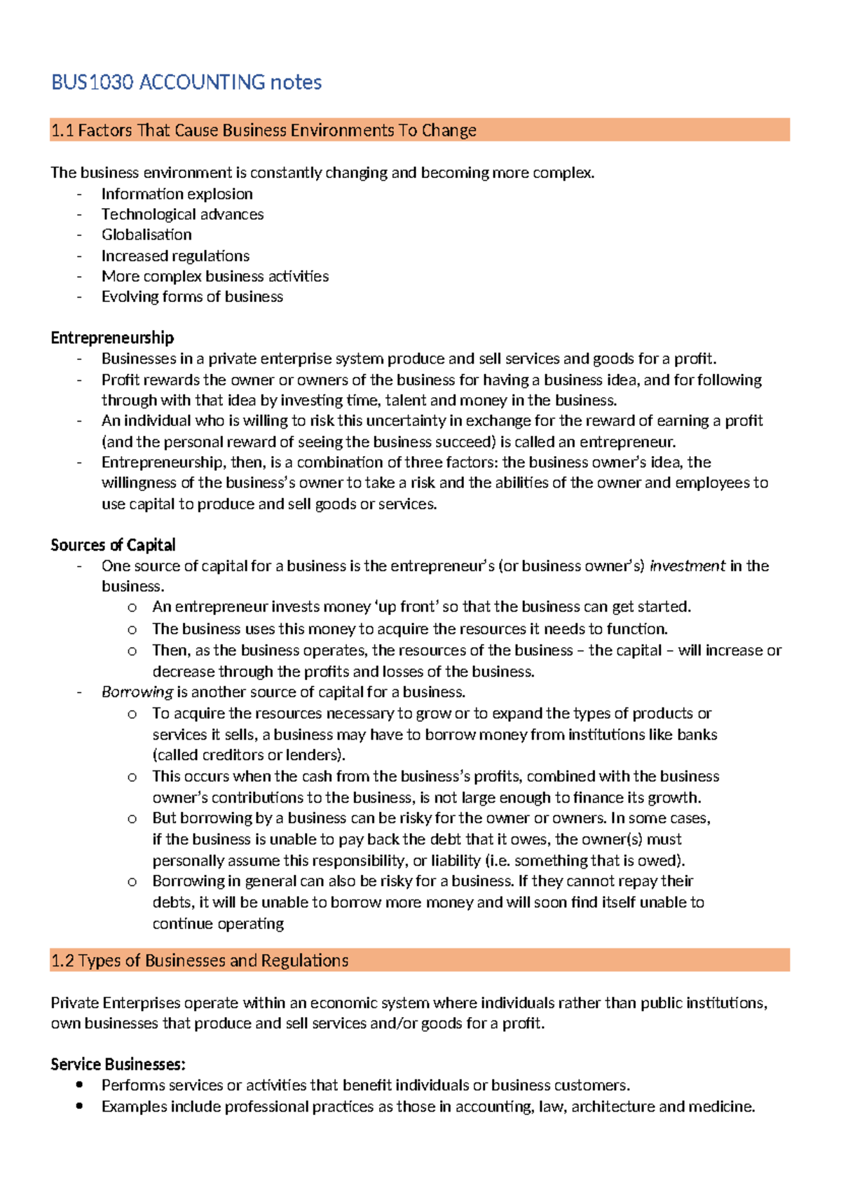 BUS1030 Accounting Module Notes: Business Environment & Structures ...