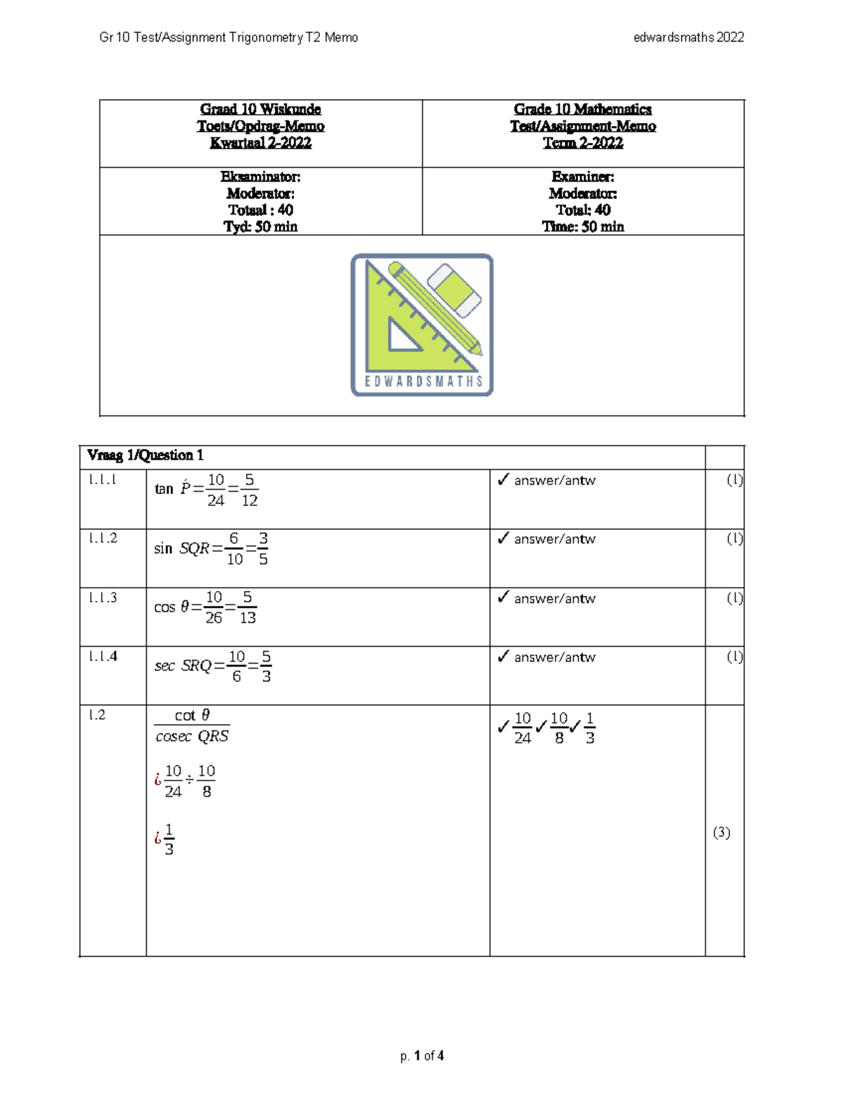 Gr 10 Mathematics Trig Test Term 2 2022 Answer Key - Studocu
