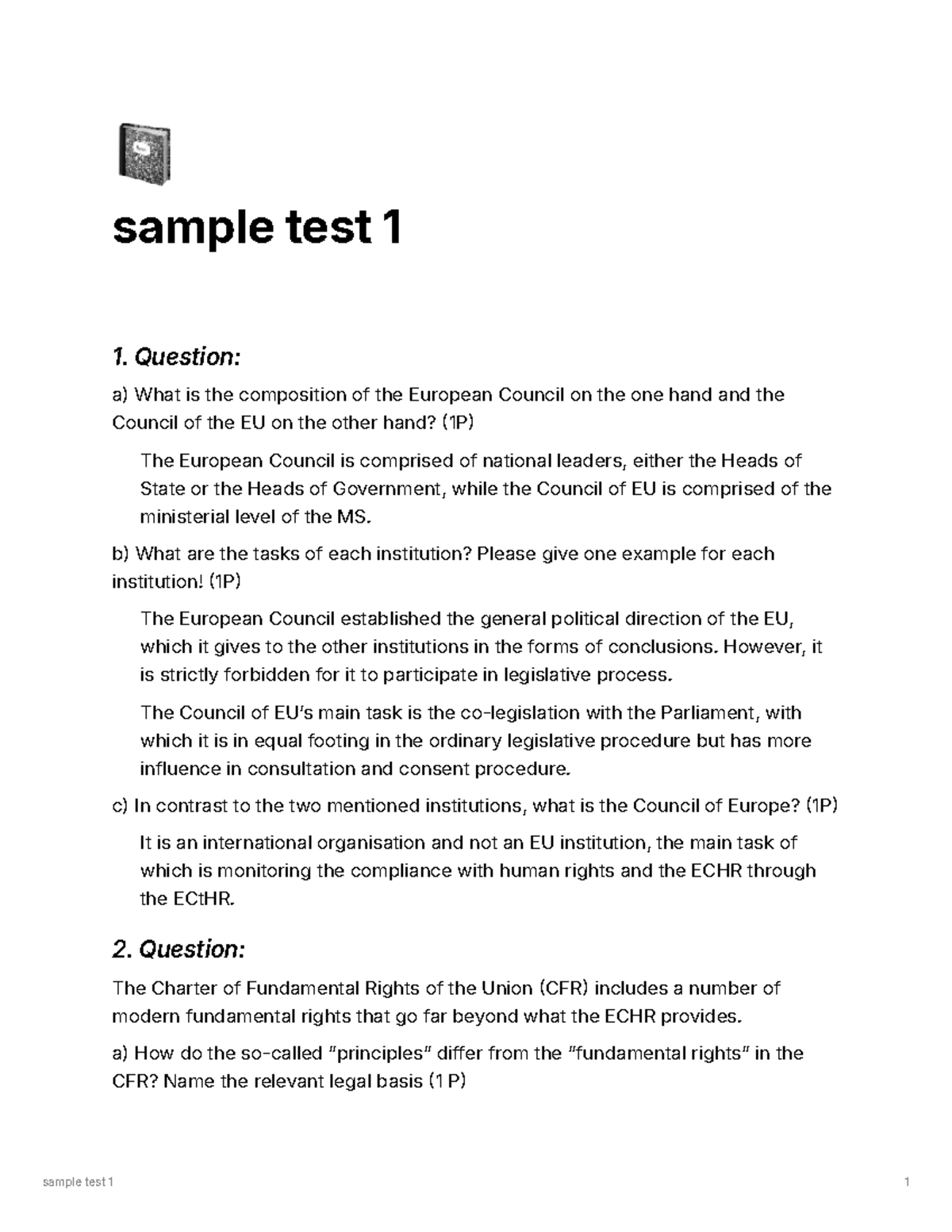 Sample Test 1: EU Institutions & Fundamental Rights Analysis - Studocu