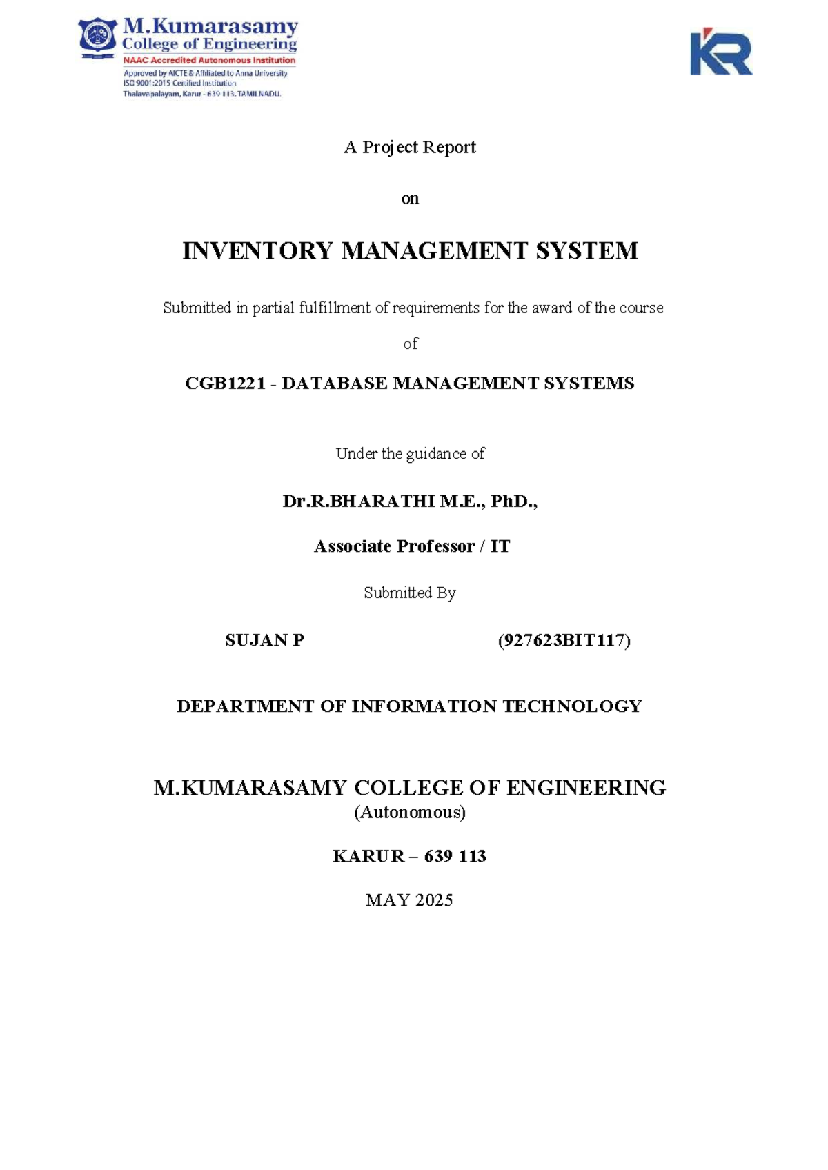 Project Report on Inventory Management System - CGB1221 DBMS - Studocu