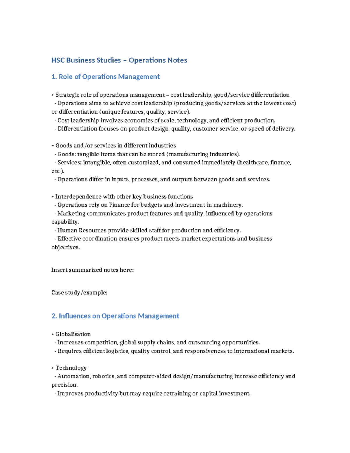 HSC Business Studies Operations Management Notes: Key Concepts ...