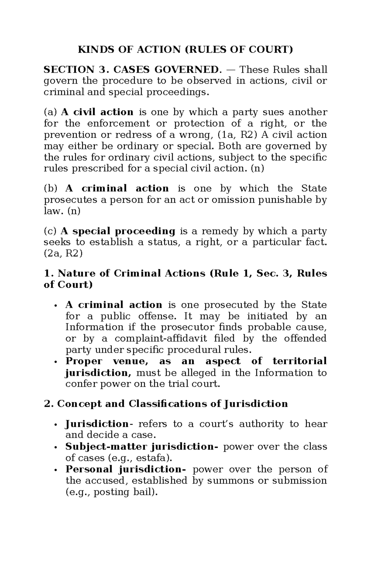 Kinds of Action (Rules of Court) - Summary Notes - Studocu