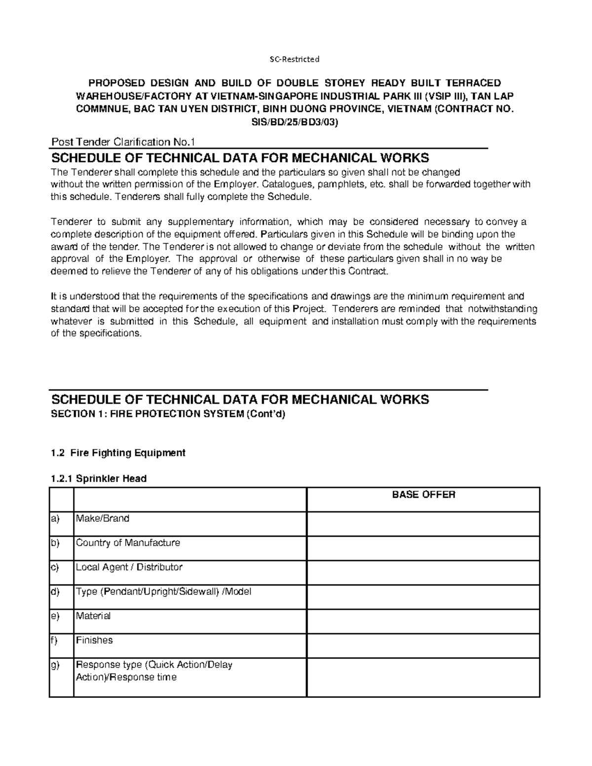 Technical Data Schedule for Mechanical Works - Contract No. Post Tender ...