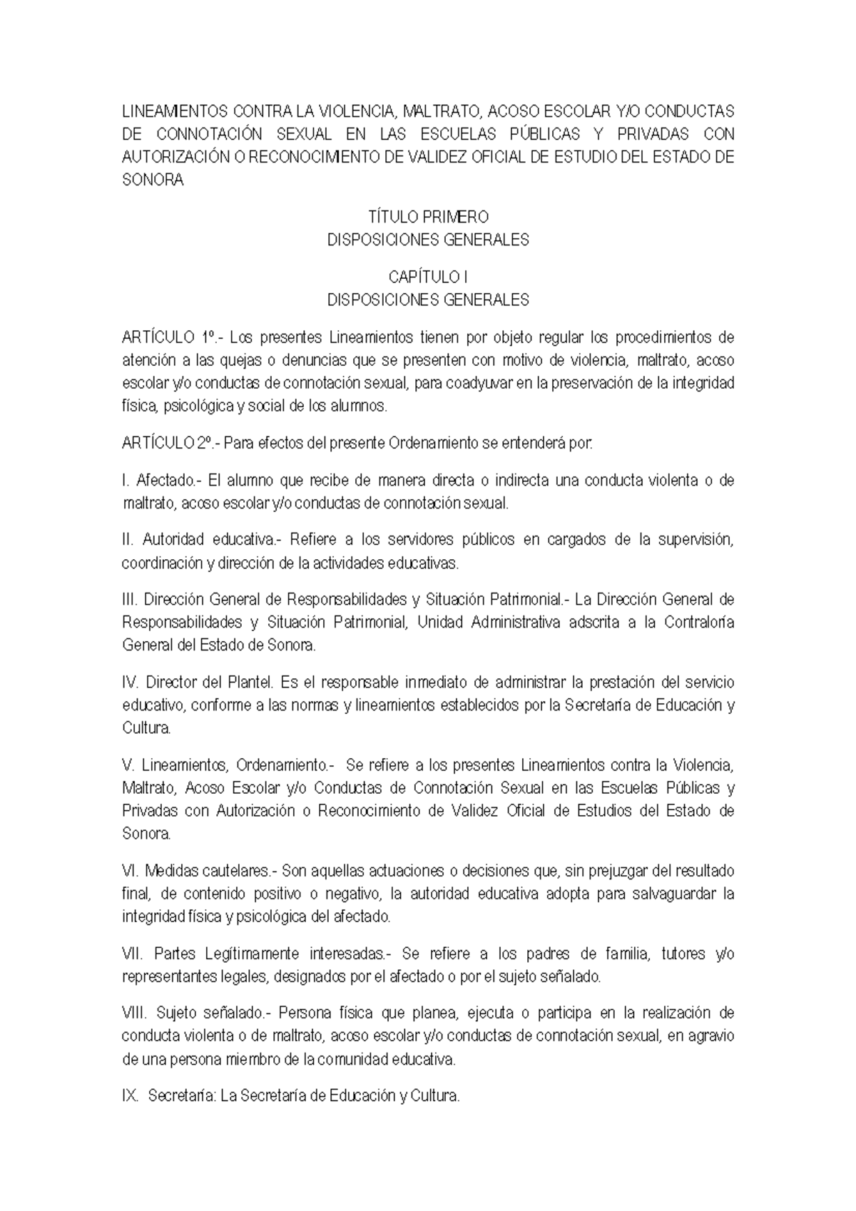 Lineamientos contra la Violencia y Acoso Escolar en Sonora - Studocu