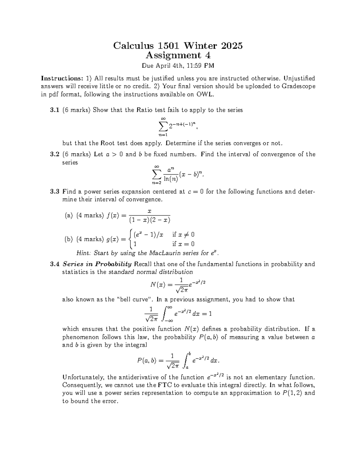 Calculus 1501 Winter 2025 assignment 4 instructions and problems - Studocu