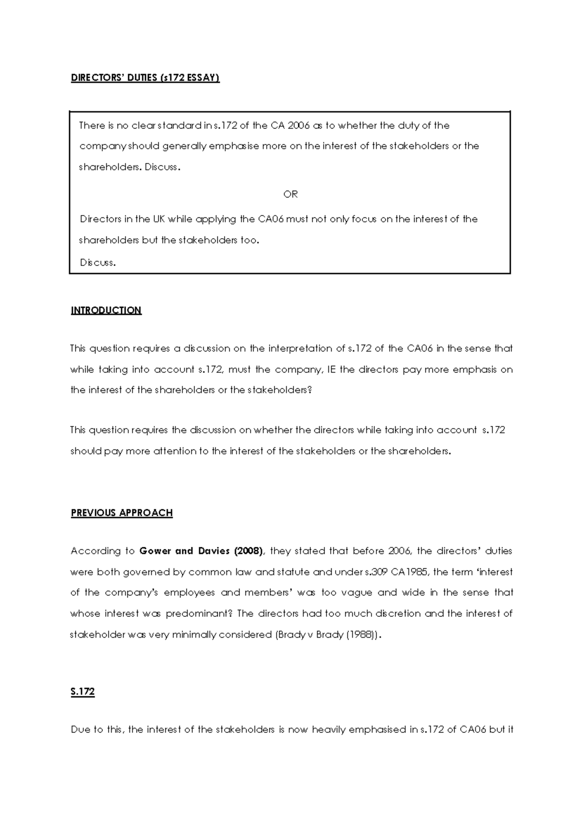 Directors' Duties (s172 Essay)-FWL - DIRECTORS’ DUTIES (s172 ESSAY ...