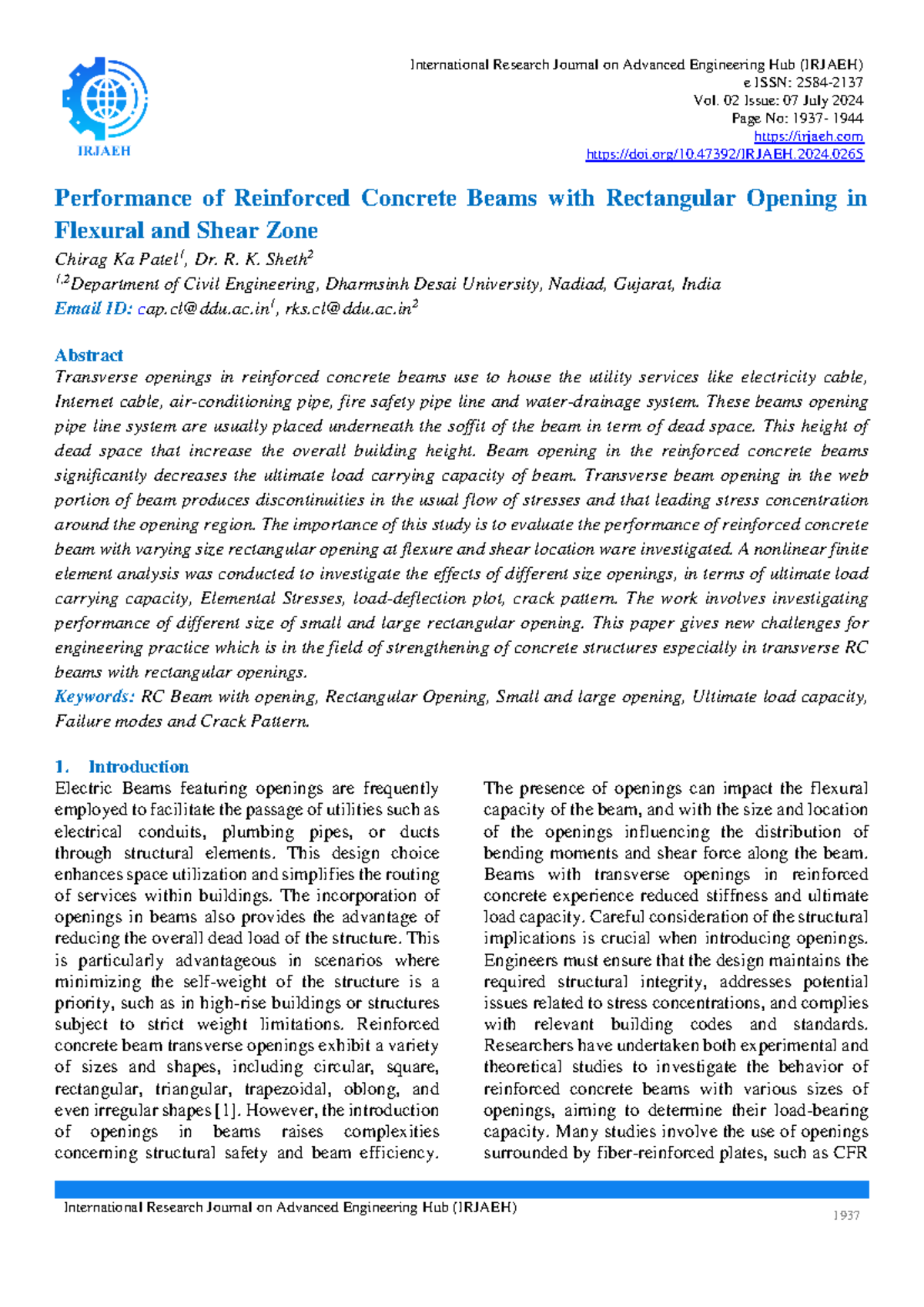 Performance Analysis of RC Beams with Rectangular Openings (IRJAEH Vol ...