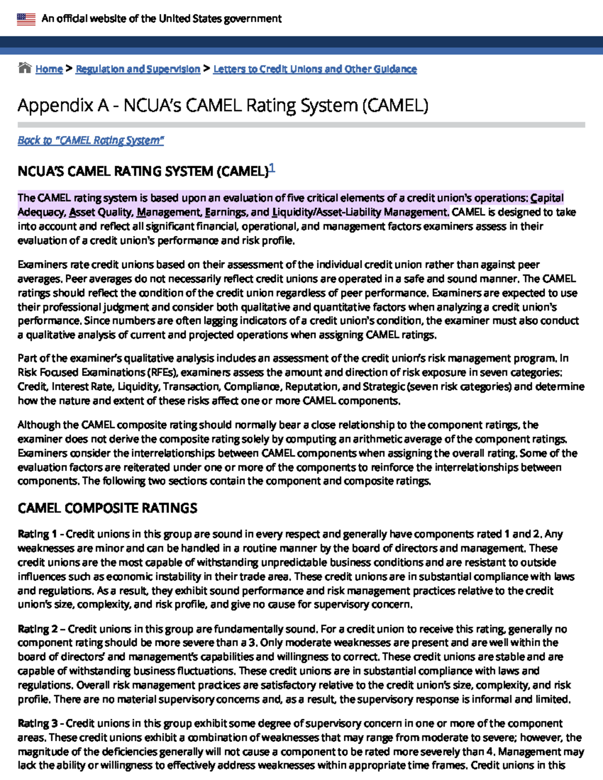 NCUA's CAMEL Rating System Overview - Appendix A Guidance - Studocu