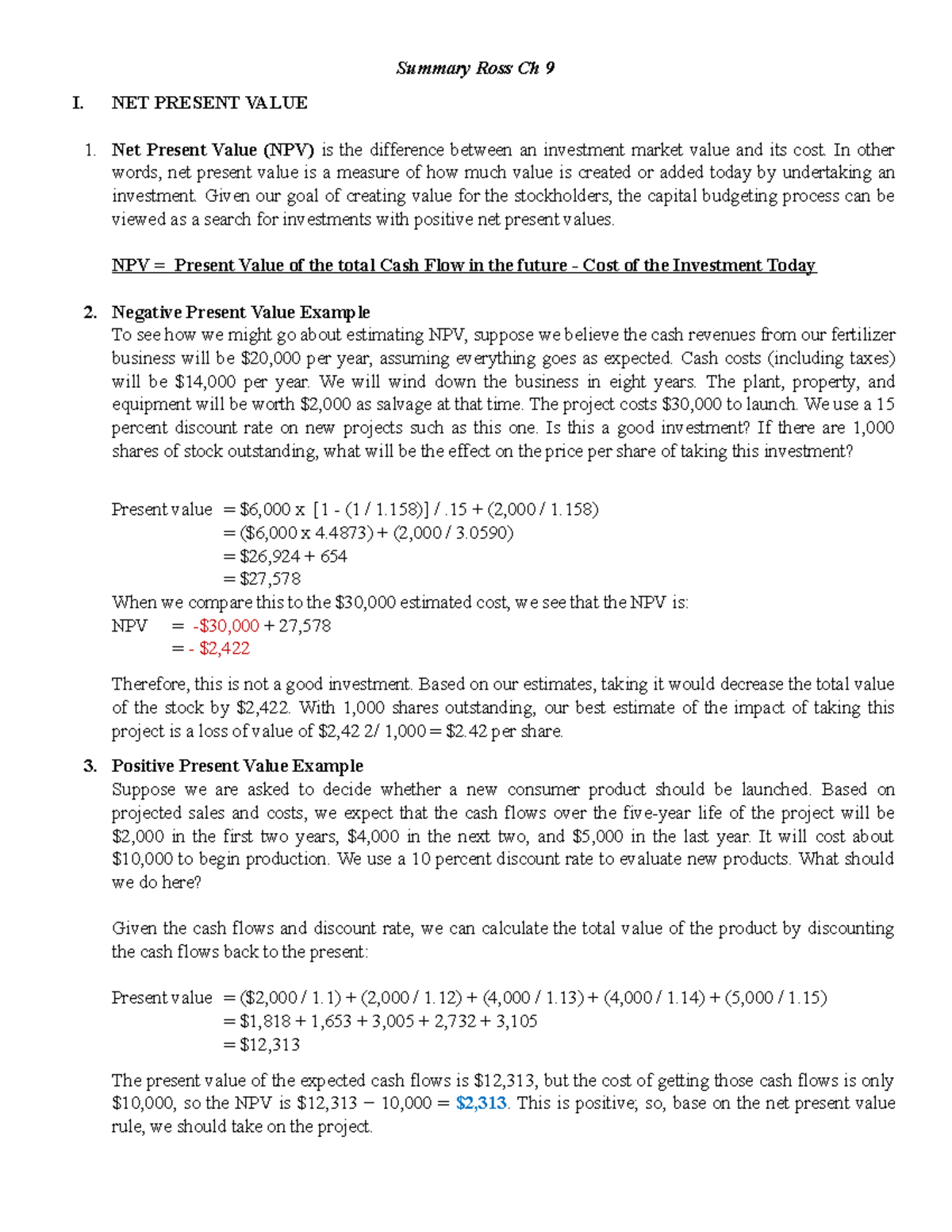 Summary of Concepts from Ross Chapter 9 - Net Present Value & IRR - Studocu