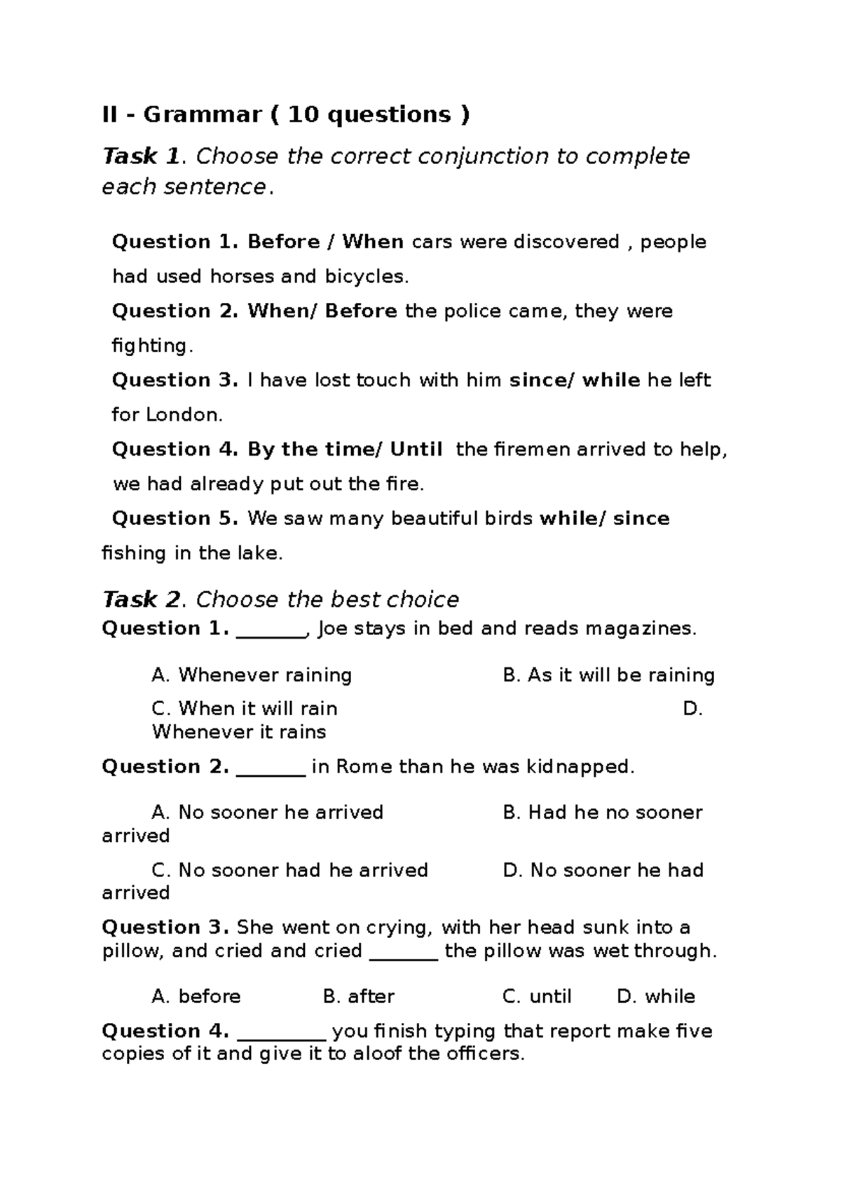 II Grammar - Conjunctions & Sentence Completion Worksheet - Studocu
