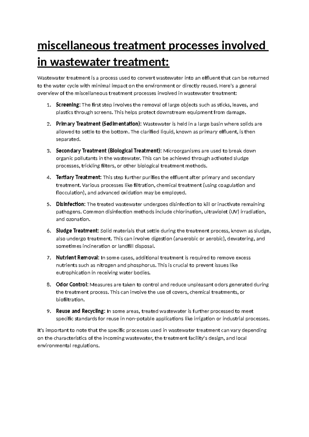 Miscellaneous Treatment Processes in Wastewater Management (Env Sci 101 ...