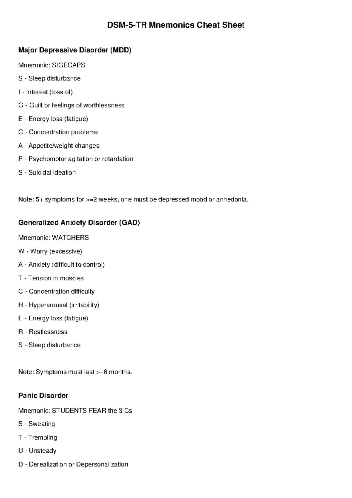 DSM-5-TR Cheat Sheet: Mnemonics for Mental Health Disorders