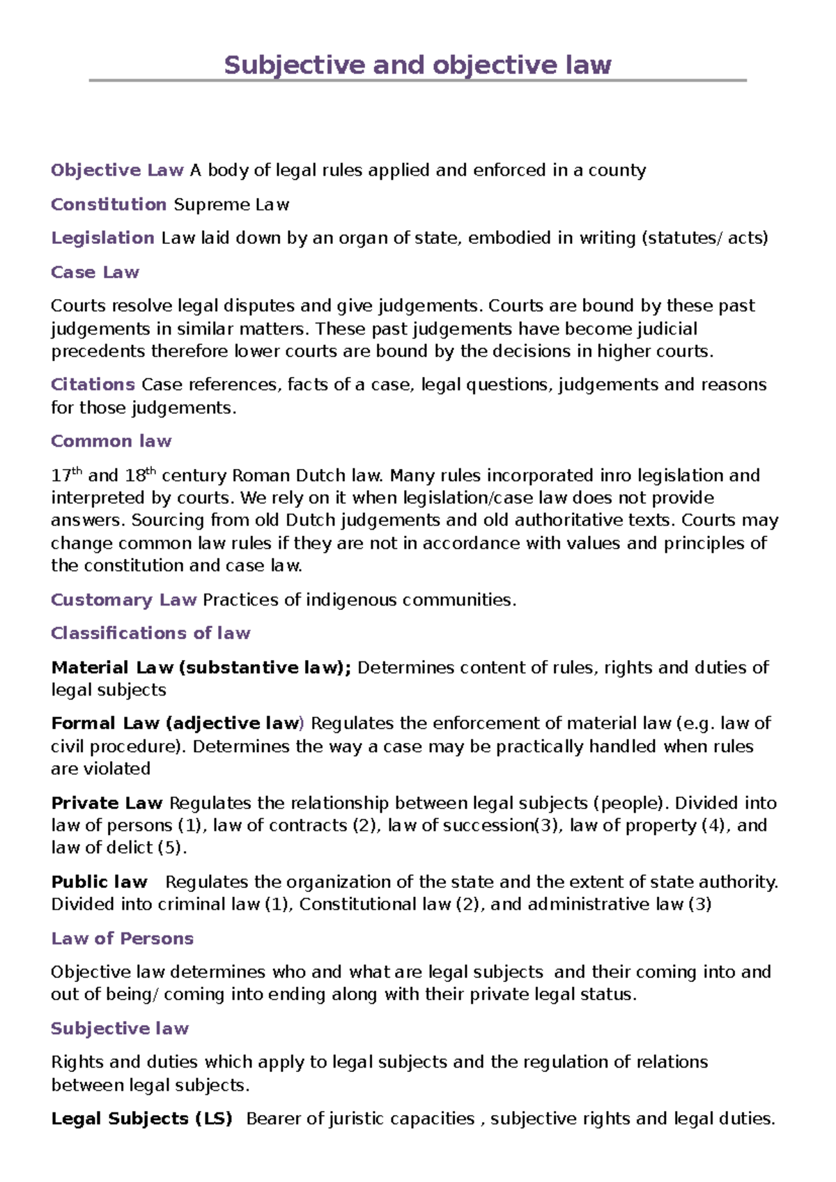 FMR Notes: Understanding Objective and Subjective Law Concepts - Studocu