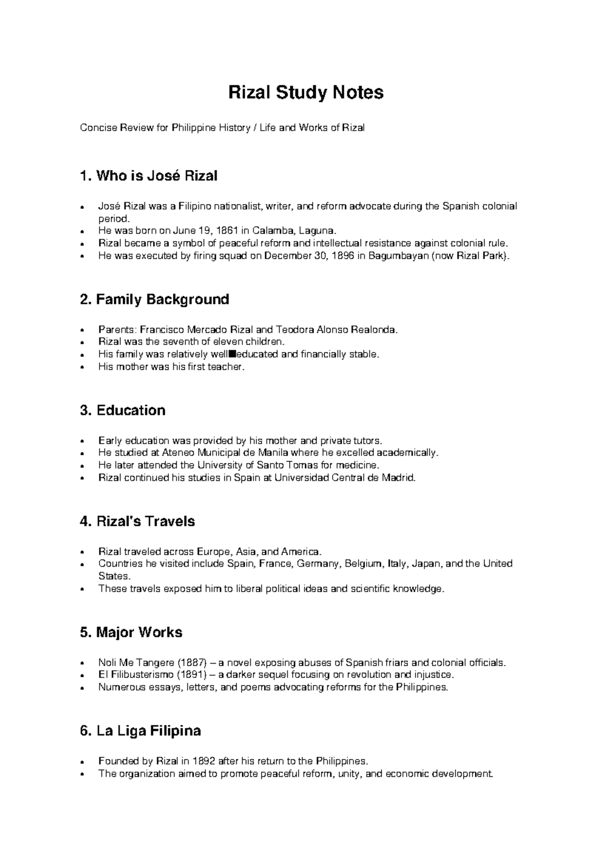 Rizal Study Notes: Concise Review for PH History (Life & Works) - Studocu